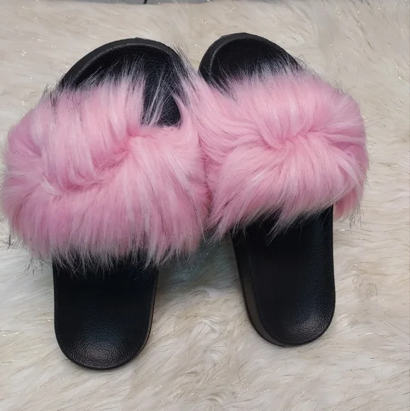 Pink Plush Furry Rubber Sole Slippers - Picture 1 of 5